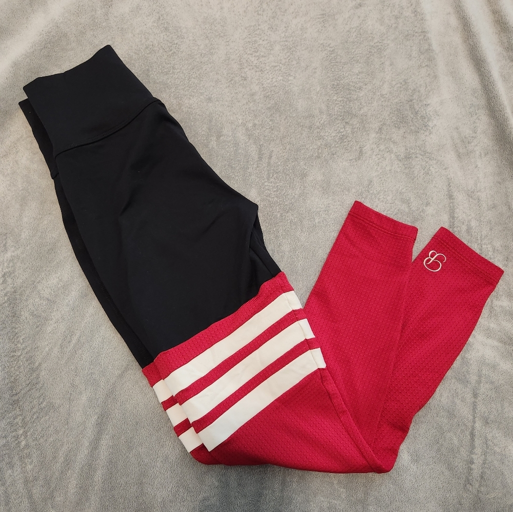 Bombshell Sportswear Red and Black Leggings with White Stripes - Picture 3 of 4